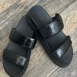 Croc-Embossed Black Slide Sandals